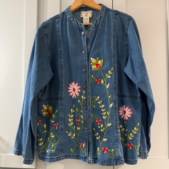 Vintage April Cornell Denim Shirt Jacket Embroidered Floral Button Up Large - Picture 1 of 6